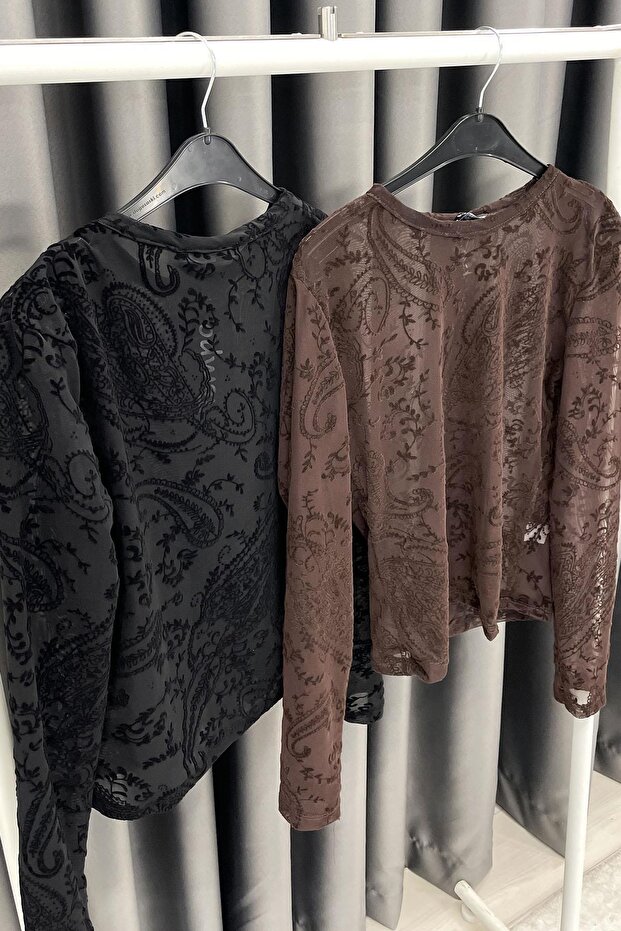 بلوزة شفافة بنمط مطبوع - بني بني - 7