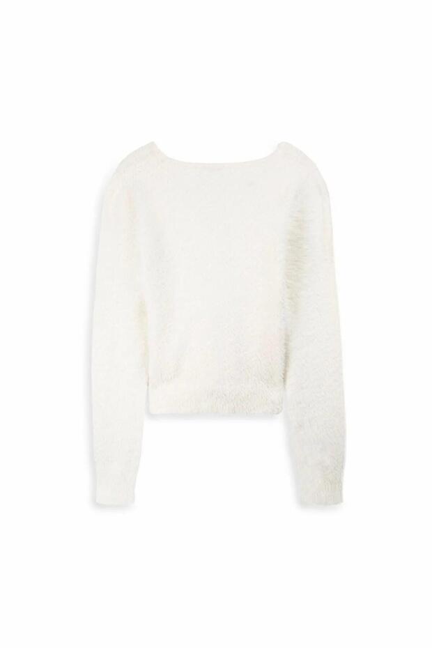 Long Sleeve V-Neck Basic White Sweater - 3