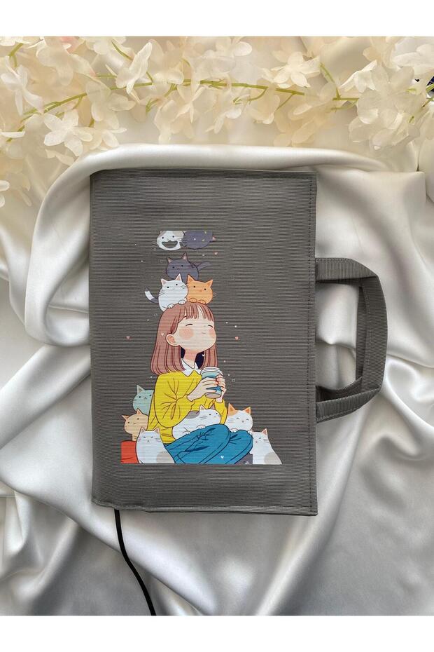 Khaki Green– 17X24 cm Book Bag | Water Repellent Fabric | Girl and Cat Patterned | Protective Book Cover