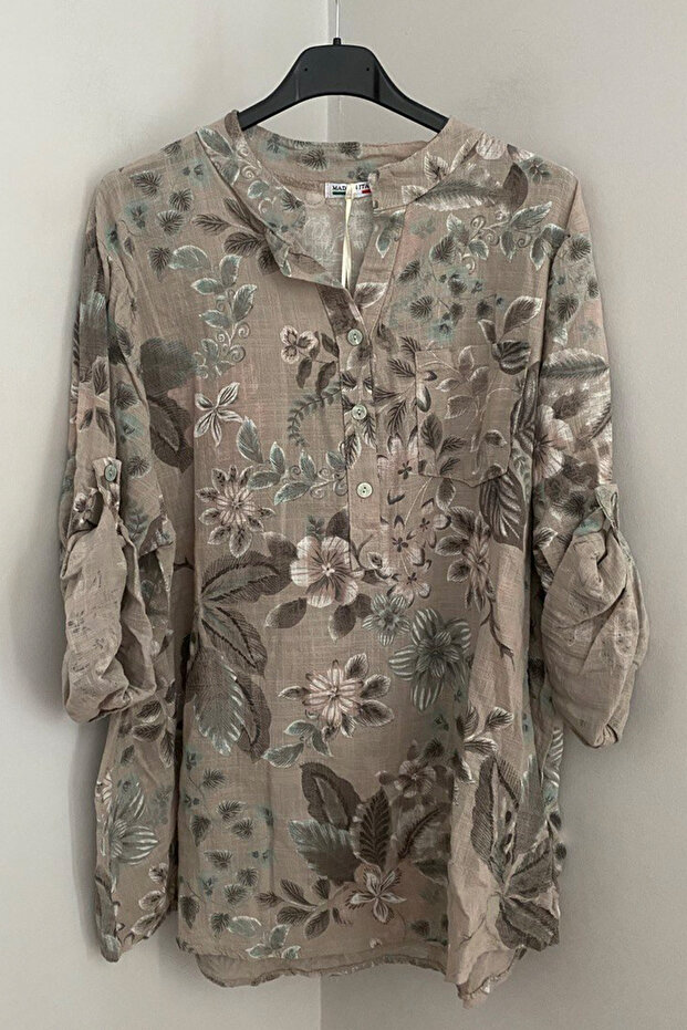 Women's Italian Beige Three-Button Placket Collar Floral Chubasui Pattern Pocketed 100% Cotton Blouse