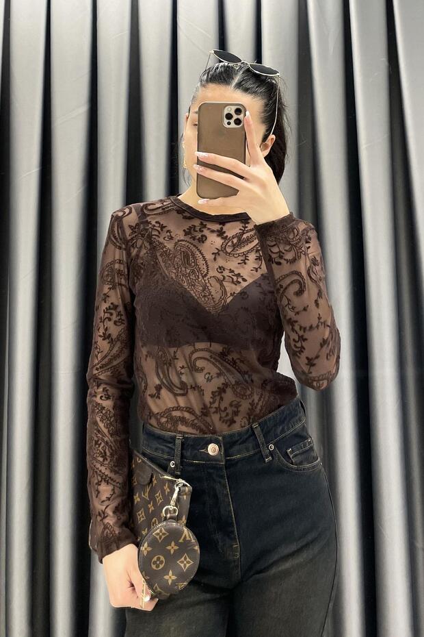 بلوزة شفافة بنمط مطبوع - بني بني - 3