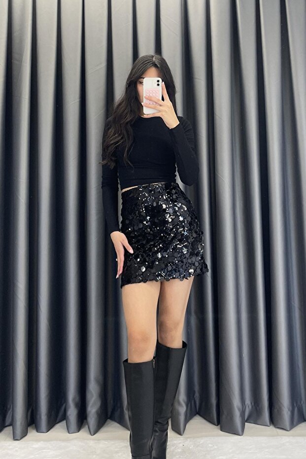 Pullu Analı Kızlı Mini Etek - Siyah SİYAH - 1