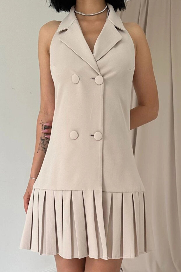 Beige Backless Jacket Collar Dress - 3