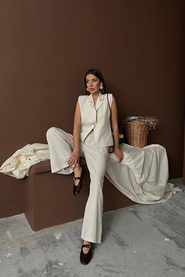 طقم بنطلون سترة كتان بيج - 3