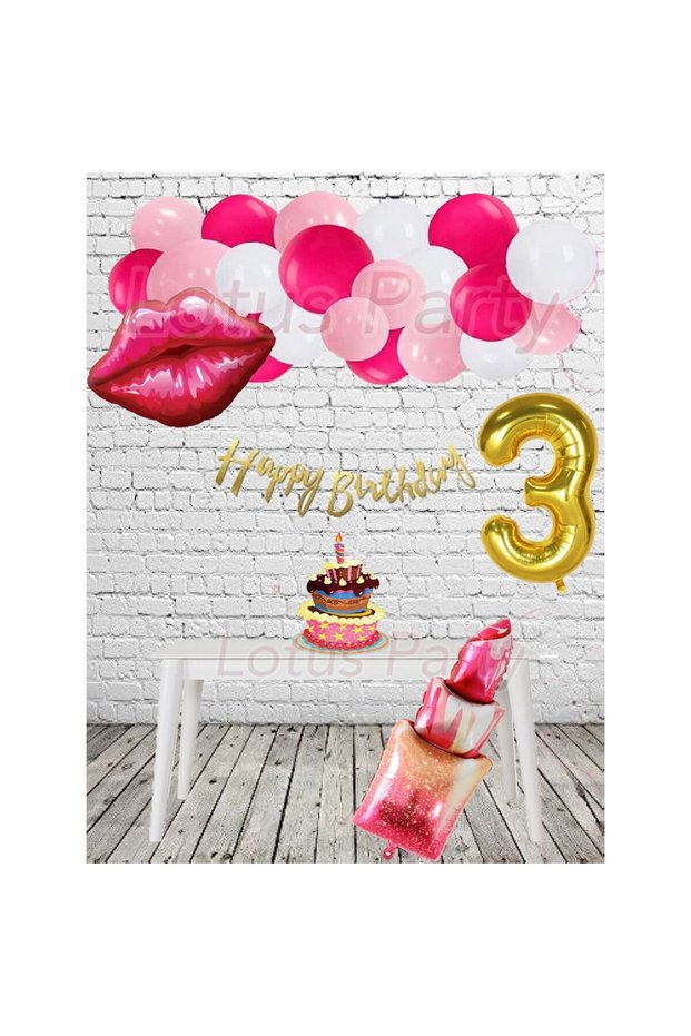 Lip and Lipstick Themed Birthday Set - Lip Foil Balloon Lipstick Foil Balloon Gold Happy Writing 3 Years Old