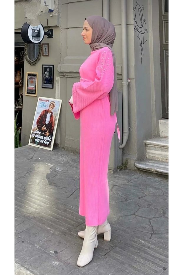 Women's Clothing Pink Pearl Knitwear Long Dress