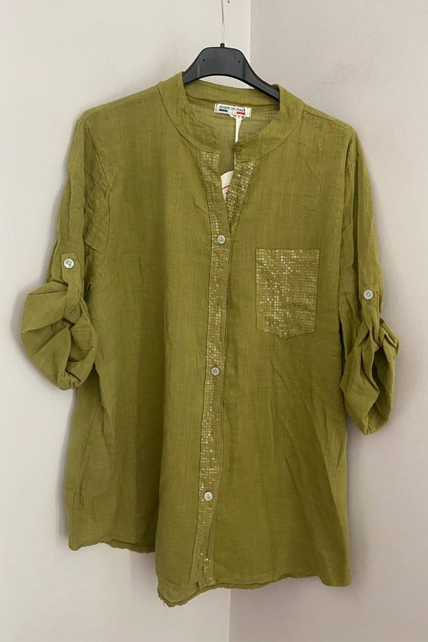Women's Italian Oil Green Collared Shirt with Sequin Detail, Pockets, Foldable 3/4 Sleeves, 100% Cotton Linen Shirt