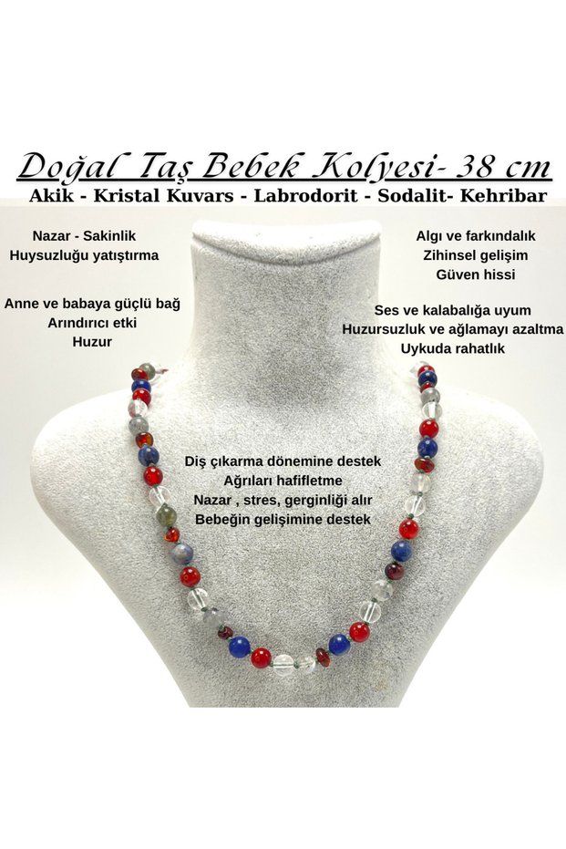 Certified Natural Stone Baby Necklace Agate K. Quartz Labradorite Amber Sodalite - 38 cm