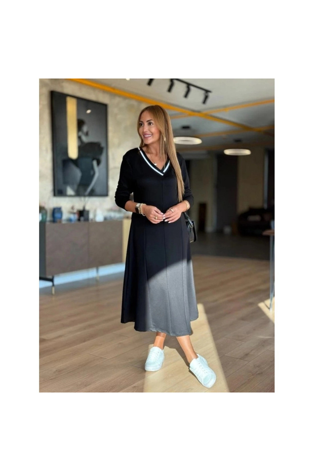 Women's Black Modal Fabric V-Neck White Stripe Long Sleeve Midi Dress