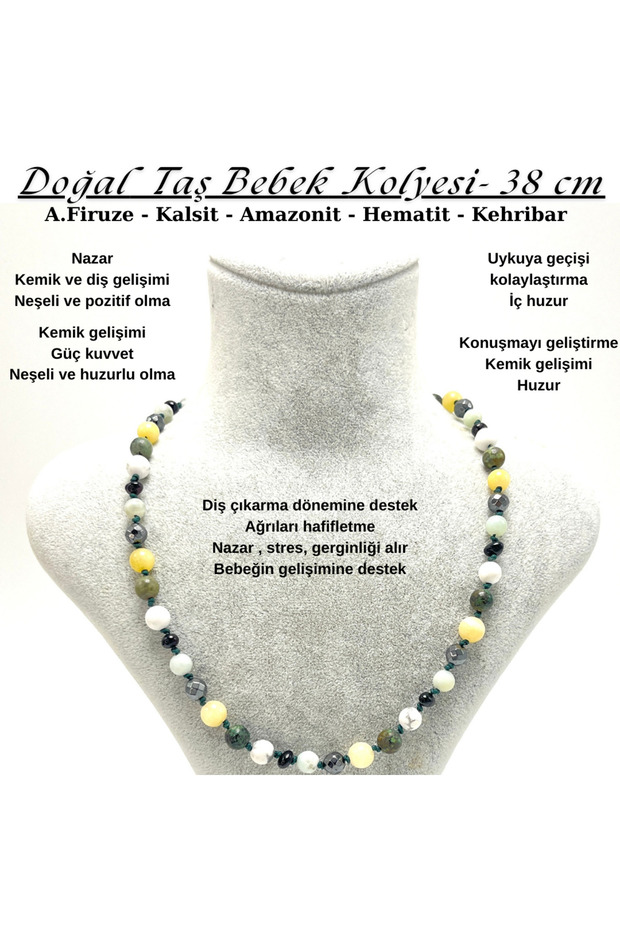 Certified Natural Stone Baby Necklace Howlite Turquoise Calcite Hematite Amazonite Amber - 38 cm
