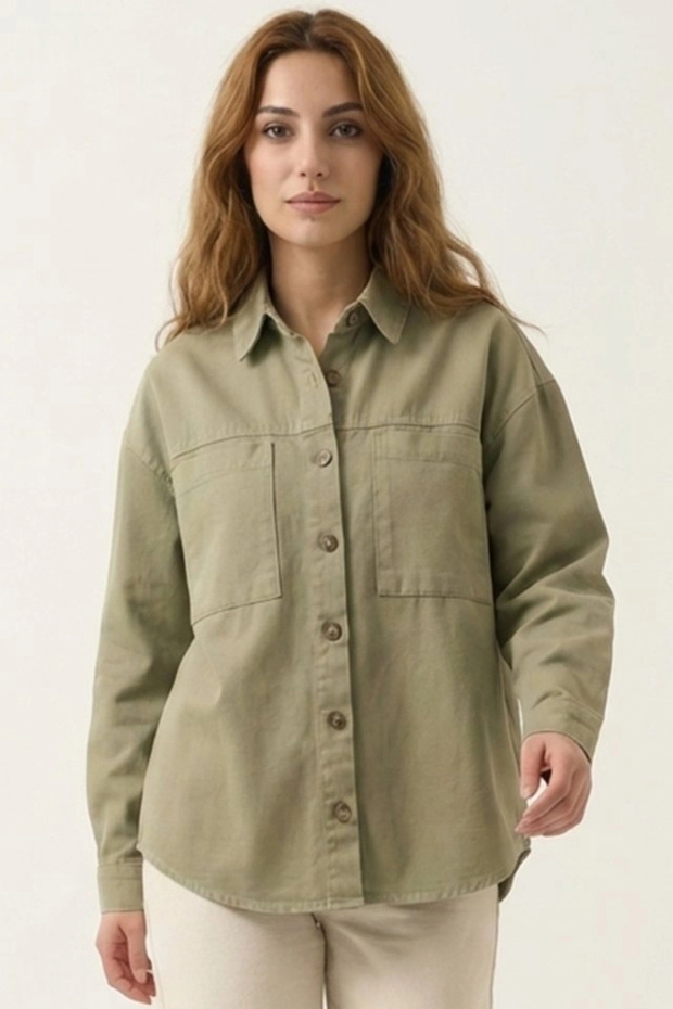 20192 Oversize Gabardin Gömlek Ceket - Haki - 1