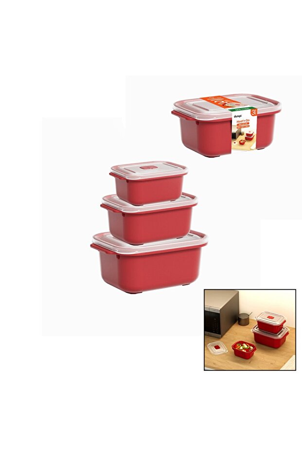 3 Pcs Red Rectangular Storage Container Set 500-1000-2000ml (5389) - 1