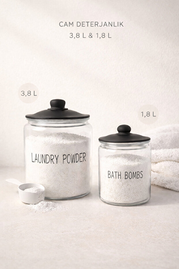 2-Piece Glass Detergent Dispenser Jar Set 3.8 L & 1.8 L – Laundry Powder / Bath Bombs, Storage Container