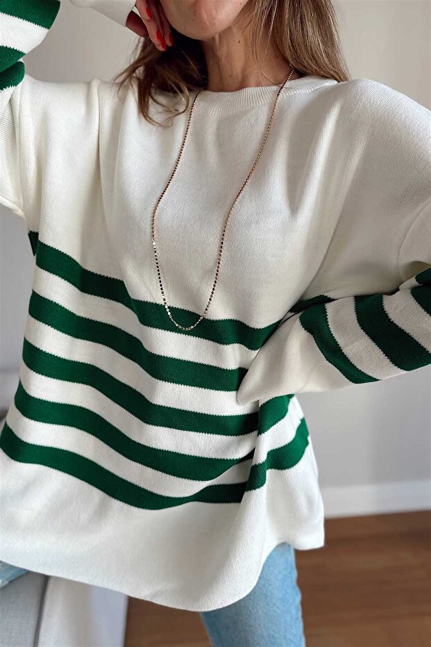 Crew Neck Green Striped Loose Knitwear Sweater Cream