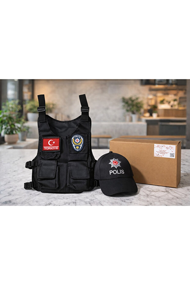 Children's Black Tim and Special Operations Police Hat Assault Vest with Adjustable Belt in Special Box