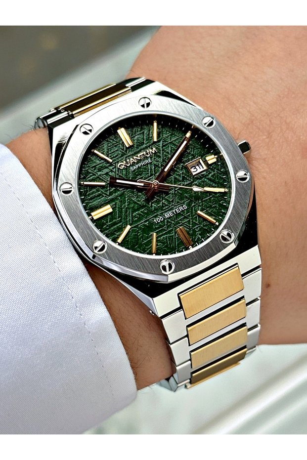 Men's Wristwatch with Calendar Gold-Green Color Sapphire Glass Steel Band Steel Case 1212Mr