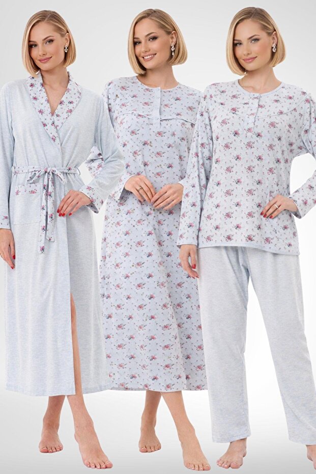 Mecit 6318 Blue Plus Size Women's Robe Pajamas Nightgown Set