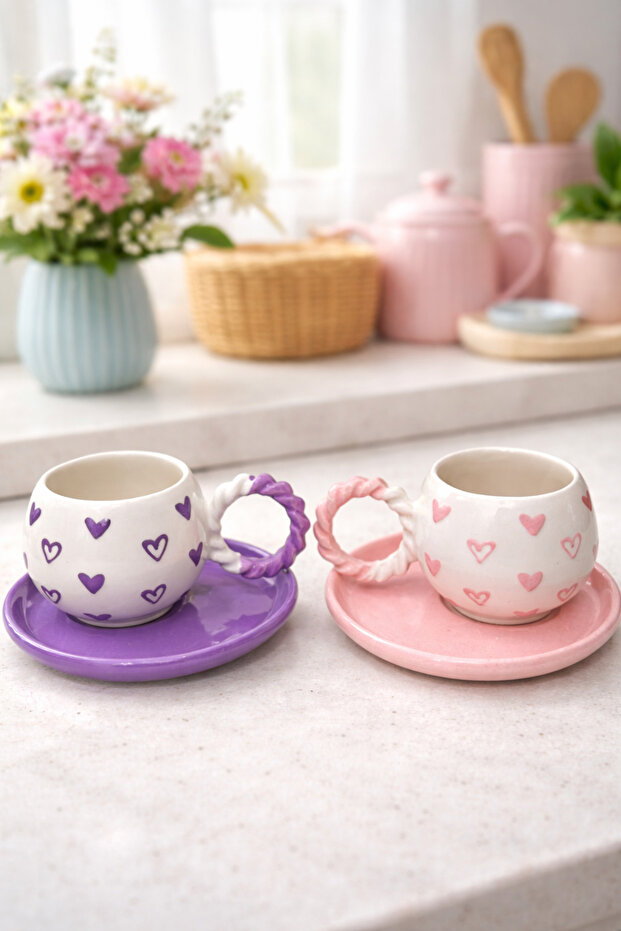 2-Person 4-Piece Bubble Mesh Handle Purple - Pink Plate and Heart-Detail Custom Embossed Cup Set