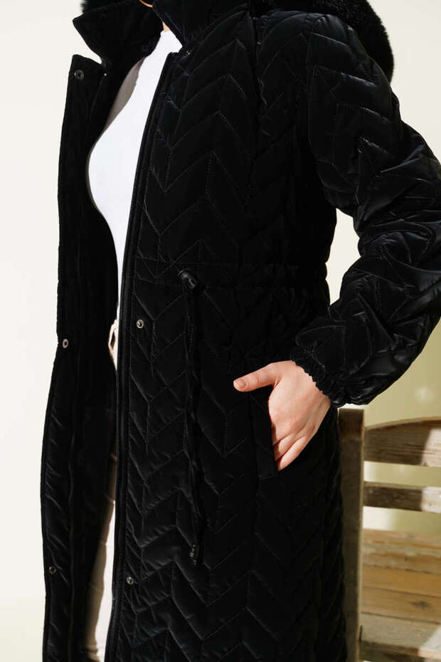 معطف منفوخ مبطن بتصميم متعرج بغطاء رأس - 4