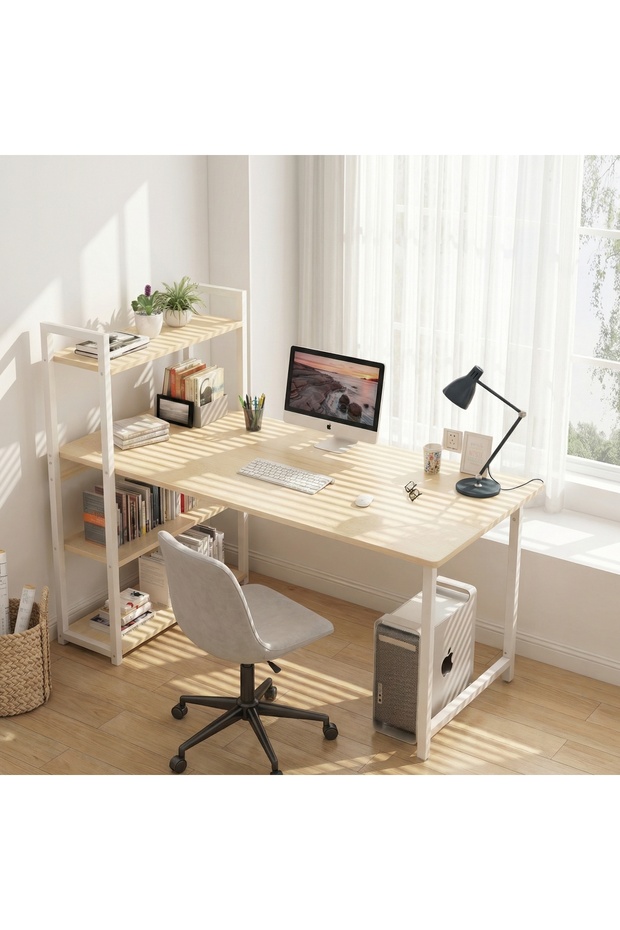 Home Office Writing Computer Desk 100x55x110cm Modern Simple Study Table with Bookshelf