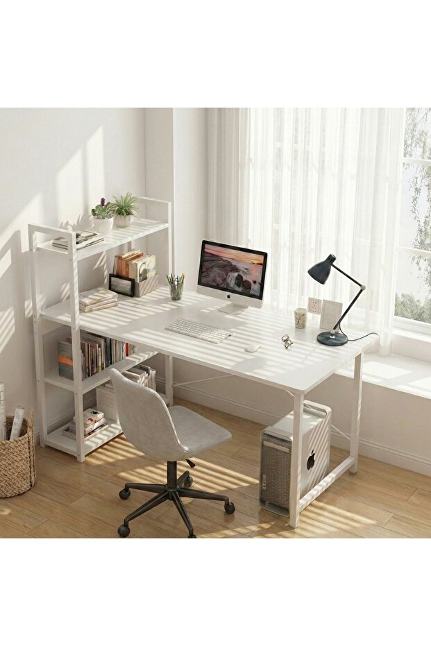 Home Office Writing Computer Desk 100x55x110cm Modern Simple Study Table with Bookshelf
