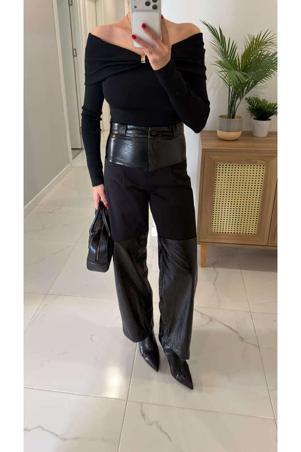 Retora Leather Detailed Patchwork Trousers - 2