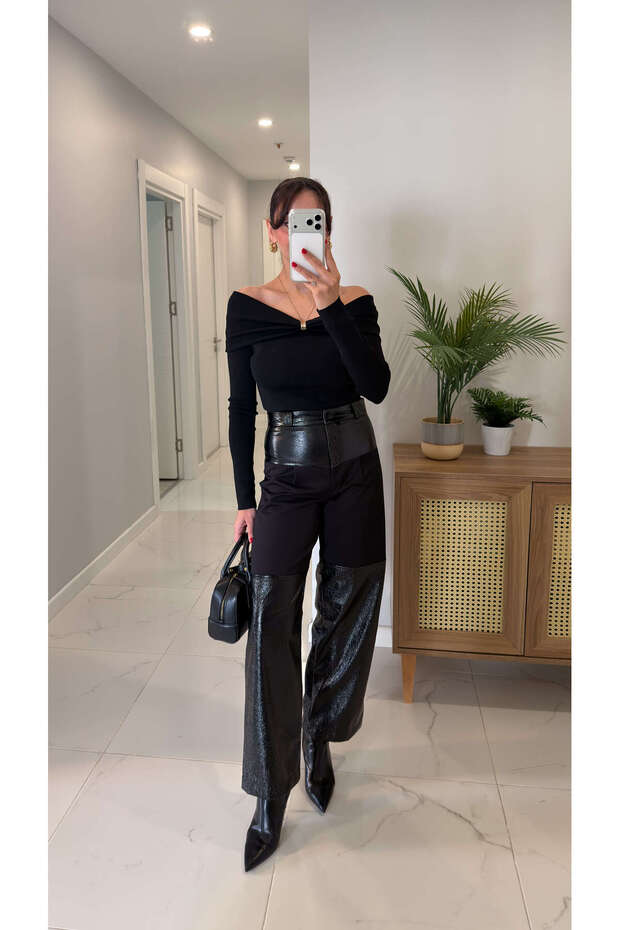 Retora Leather Detailed Patchwork Trousers - 3