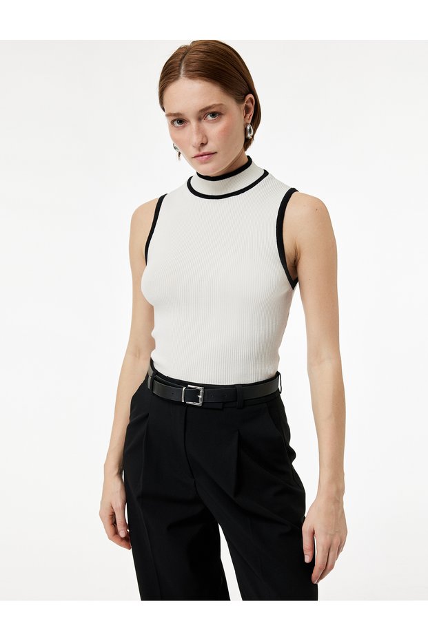 Slim Fit Mock Neck Sleeveless Knitwear Blouse with Contrast Color Detail