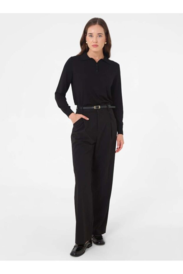 Yarım Patlı Gömlek Yaka Basic Triko Kazak - Siyah - - 4