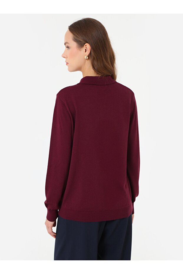 Yarım Patlı Gömlek Yaka Basic Triko Kazak - Murdum - - 5