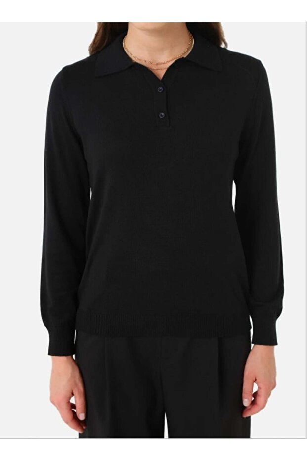 Yarım Patlı Gömlek Yaka Basic Triko Kazak - Siyah - - 5