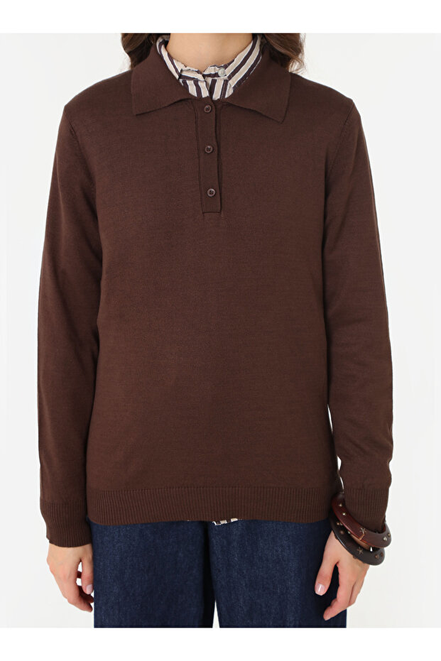 Half Placket Shirt Collar Basic Knit Sweater - Brown - - 5
