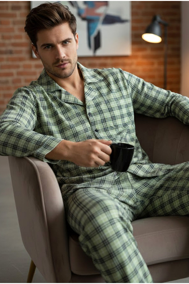 green checkered 100% Cotton Knitted Buttoned Pajama Set 7985