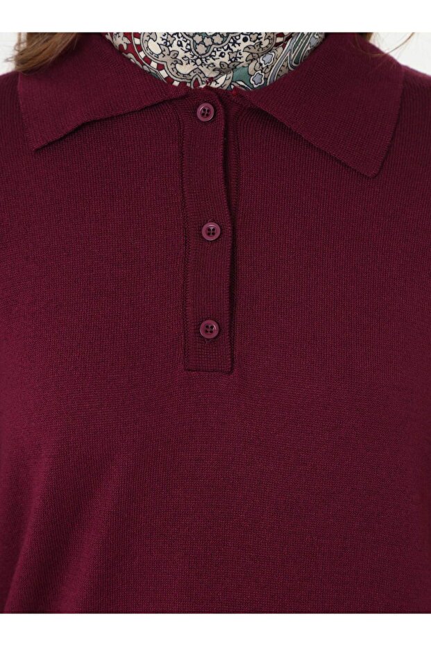 Yarım Patlı Gömlek Yaka Basic Triko Kazak - Murdum - - 4