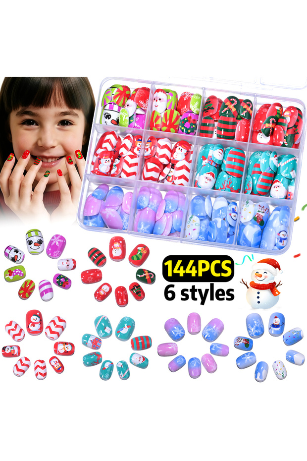 144pcs 144Pcs/Box Christmas Children Fake Nails Lovely Snowman Snowflakes Press On Nail Short Round