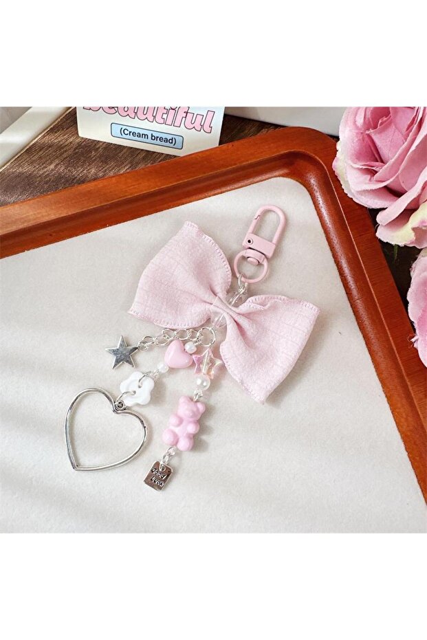 Pink Cute Sweet Bow Bear Heart Keychain Pendants Star Charm Phone Chain Backpack Decoration Keyring