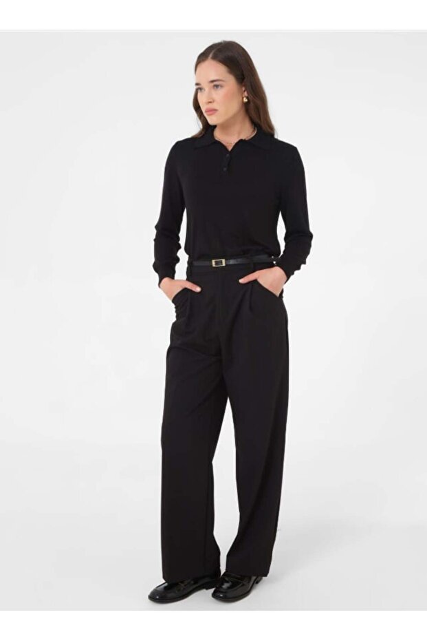 Yarım Patlı Gömlek Yaka Basic Triko Kazak - Siyah - - 3