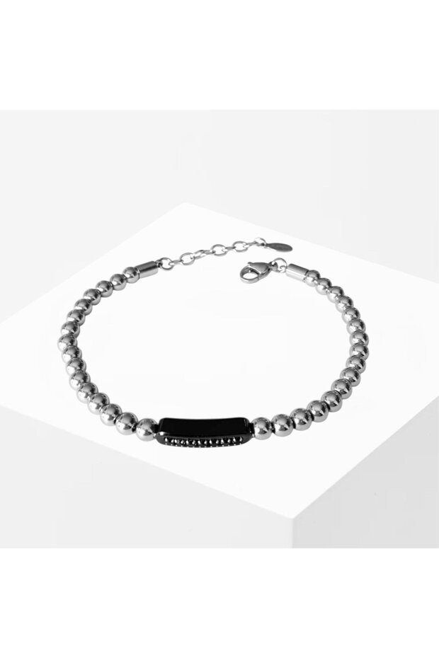Black Silver Men's Steel Bracelet with Stone Plate