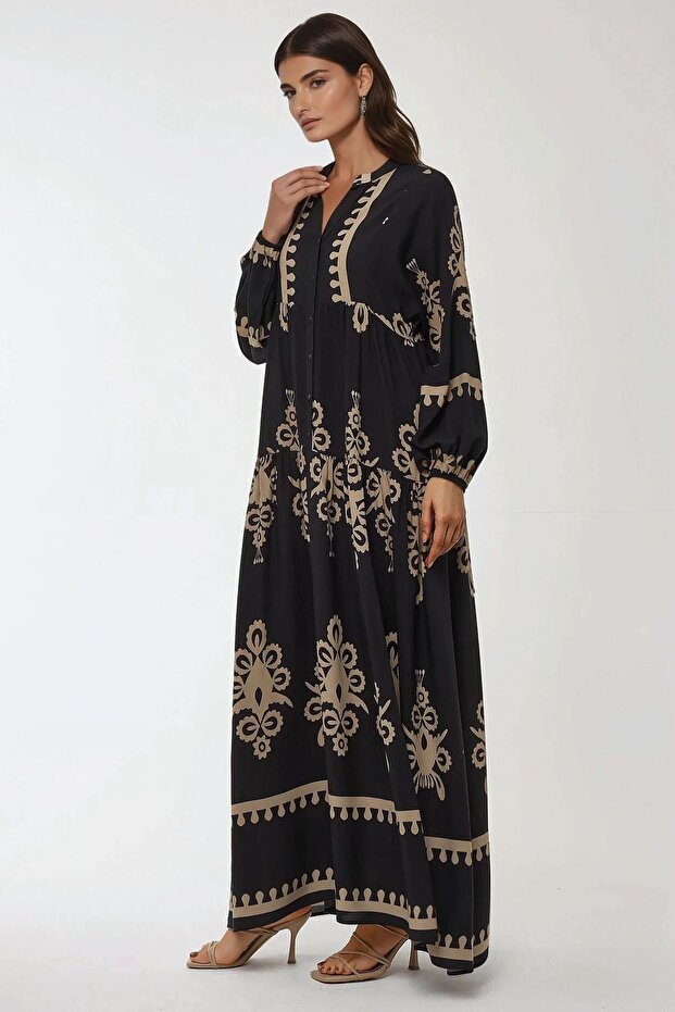 Baskılı Uzun Kol Viskon Modest Elbise - 4