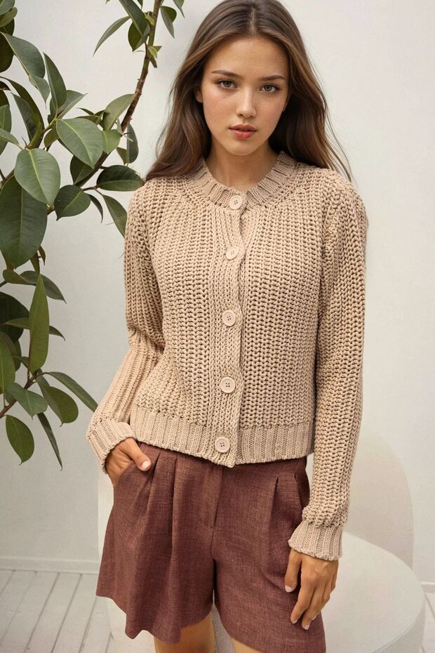 Dokulu Örme Yuvarlak Yaka Hırka - 6