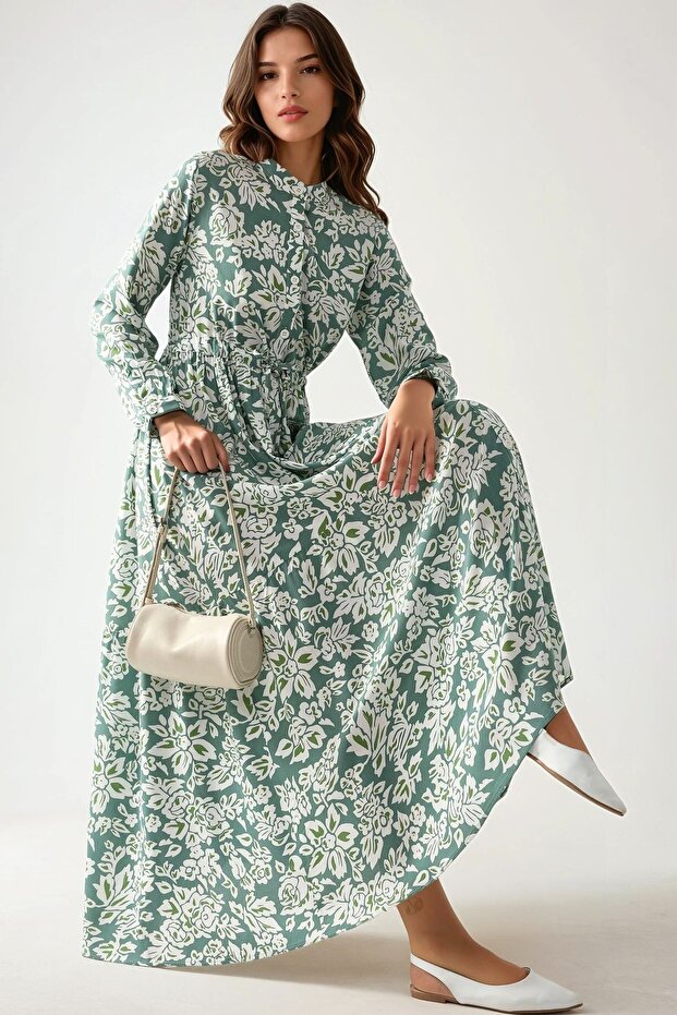 Gömlek Yaka Baskılı Maxi Elbise - 1