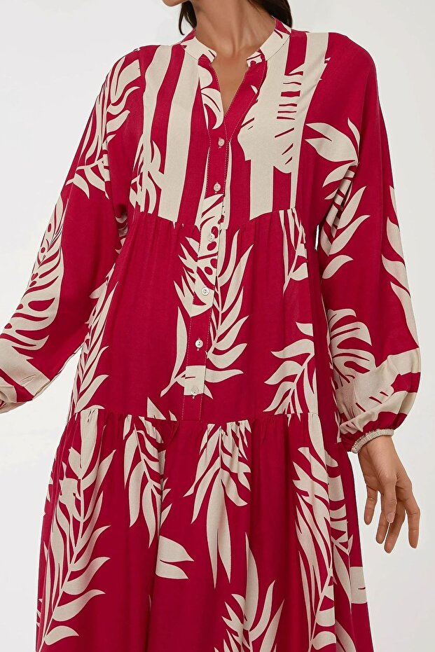 Baskılı Uzun Kol Viskon Modest Elbise - 5