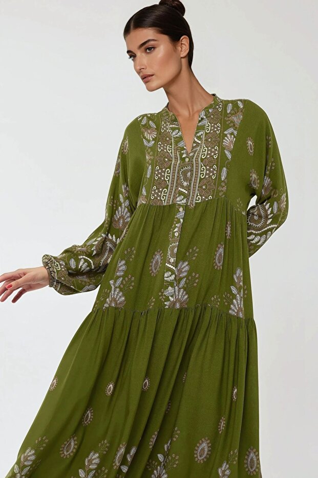 Baskılı Uzun Kol Viskon Modest Elbise - 2