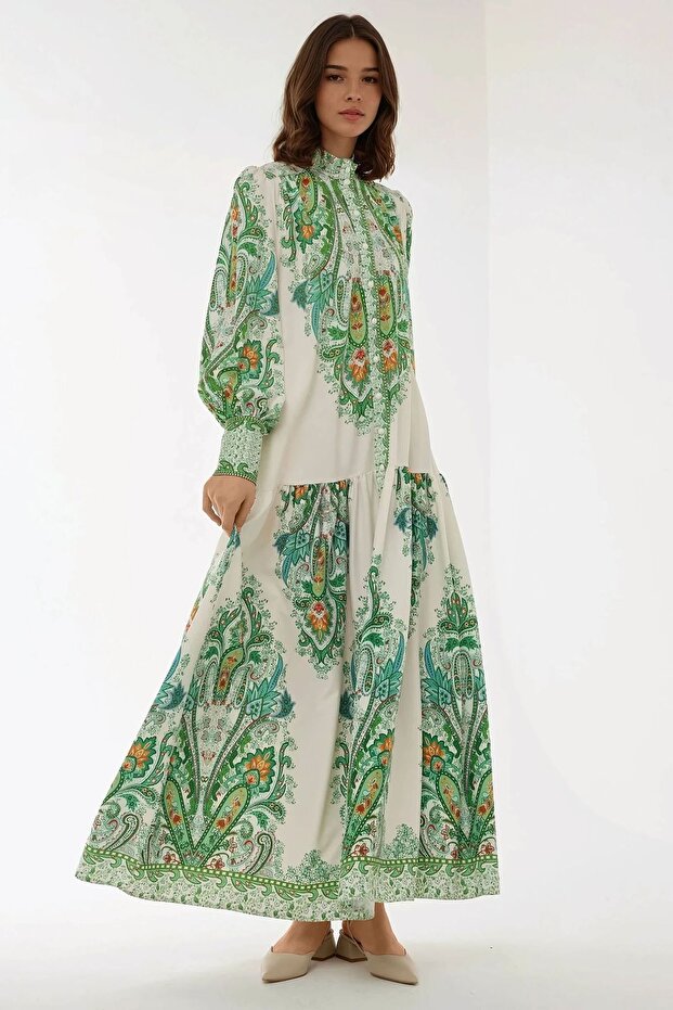 Baskılı Uzun Kol Maxi Elbise - 6