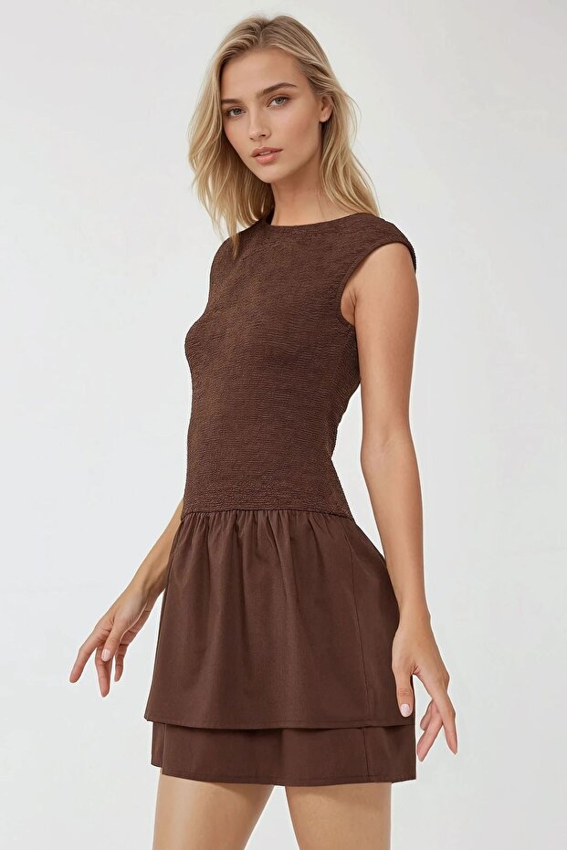 Dokulu Kolsuz Mini Elbise - 4