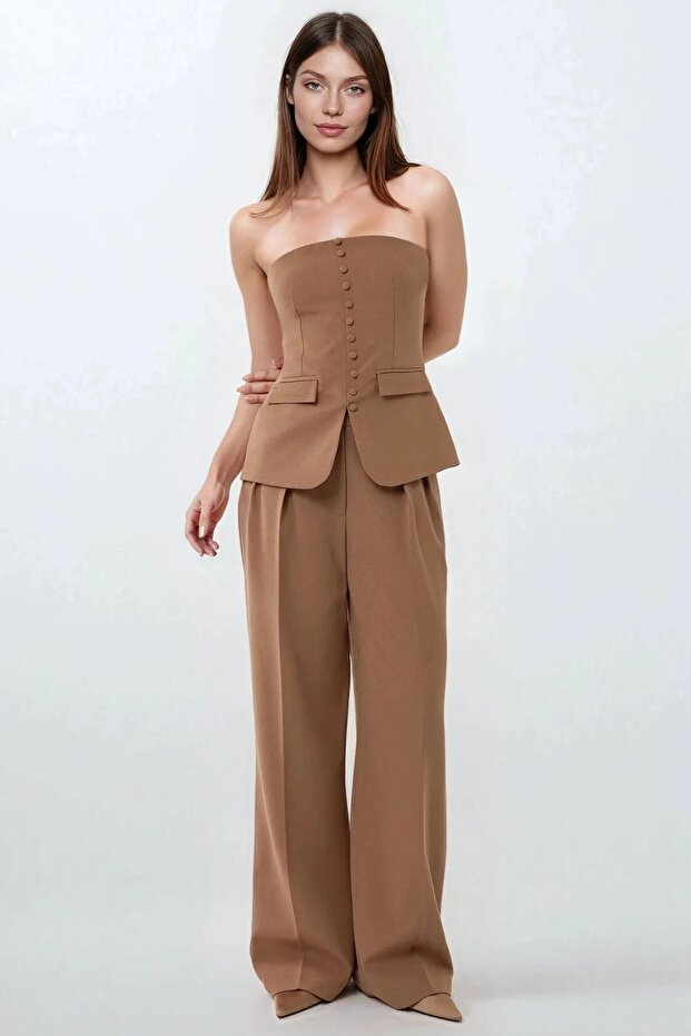 Straplez Önü Düğmeli Dokuma Üst - 2