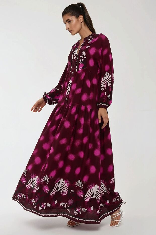 Baskılı Uzun Kol Viskon Modest Elbise - 2