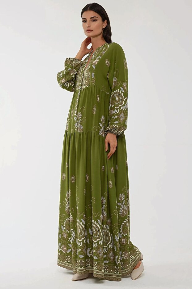 Baskılı Uzun Kol Viskon Modest Elbise - 7