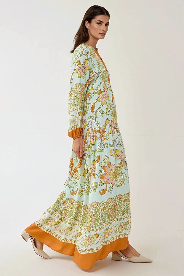 Baskılı Uzun Kol Viskon Modest Elbise - 5