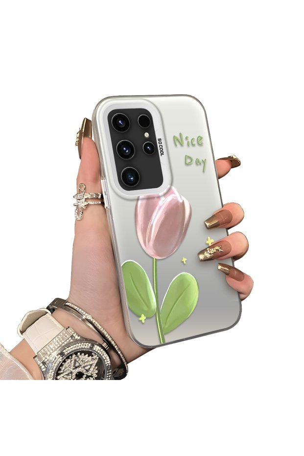Samsung Galaxy S23 Ultra Compatible Silicone Edge Hard Back Anti-Fall Case Tulip Pattern